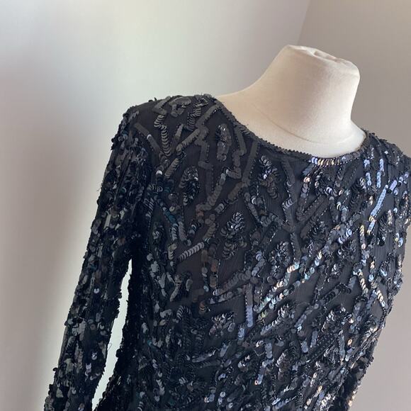 VINTAGE Sequin Dress Womens Sz Small Black Quarter Sleeve Holiday 100% Silk - Picture 2 of 7